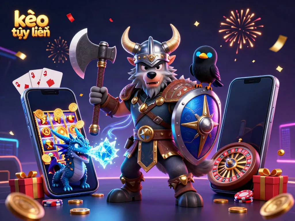 Engage in exciting kèo trực tuyến with a dynamic illustration of a Viking wolf warrior, dragon, and casino elements.