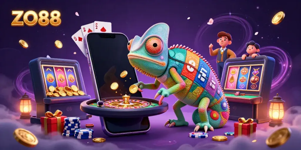 Engage in thrilling casino experiences with ZO88, featuring dynamic chameleon owner and vibrant gaming elements.