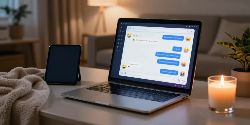 AI sex chat interface on a laptop surrounded by cozy home elements, enhancing intimate digital interactions.