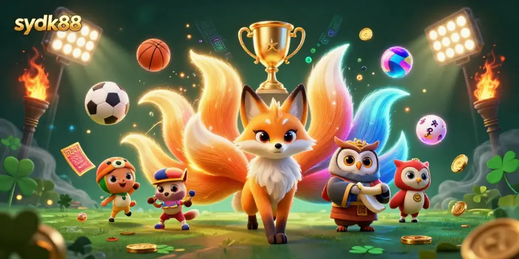 Engage in vibrant gameplay at sydk88 with a mesmerizing scene featuring spirits, sports elements, and dynamic energy.