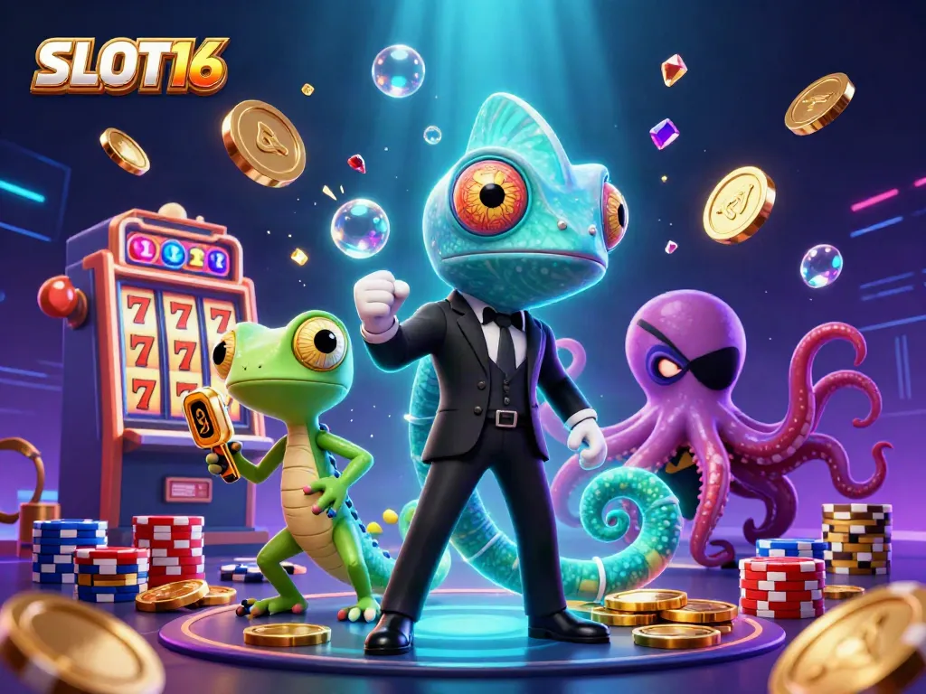 SLOT16 vibrantly showcases a secret agent chameleon, gecko gadgets, and an octopus amidst casino elements.