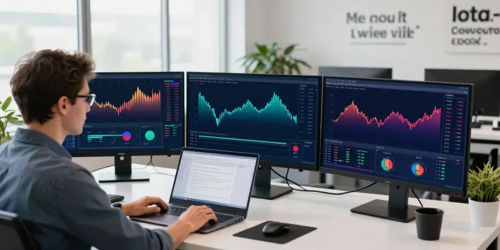 Trader using MetaTrader 5 with multiple screens in a modern office environment.