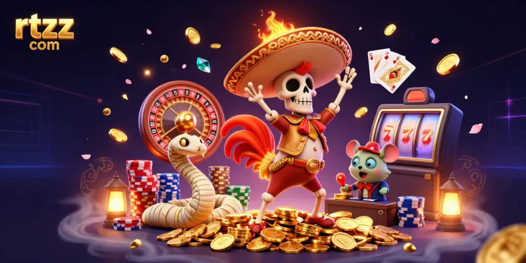 Experience the excitement of rtzz com with a vibrant scene of animated characters amidst sparkling coins and gaming elements.