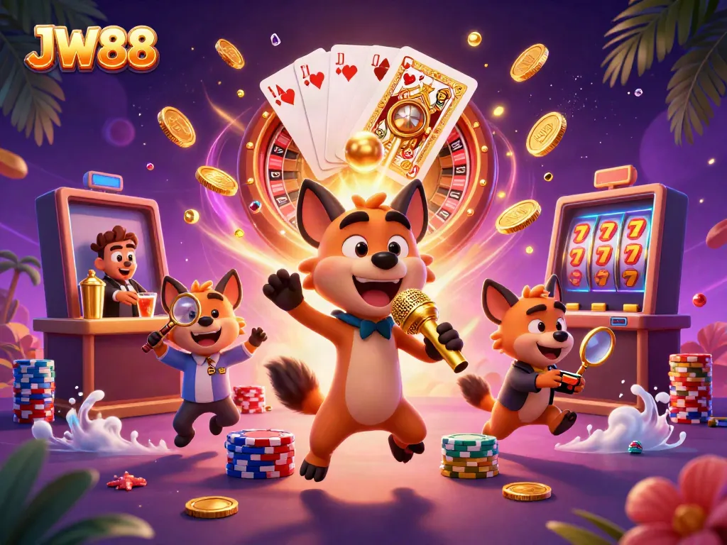 Experience the vibrant JW88 comedy casino scene with hyenas and exciting gambling elements.