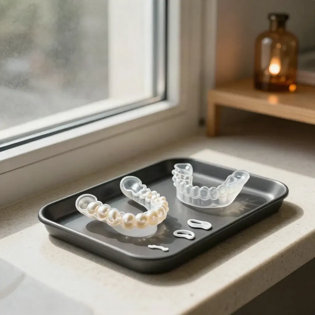 Open aligner case, night guard, and bite appliances on a travertine clinic tray in soft daylight.