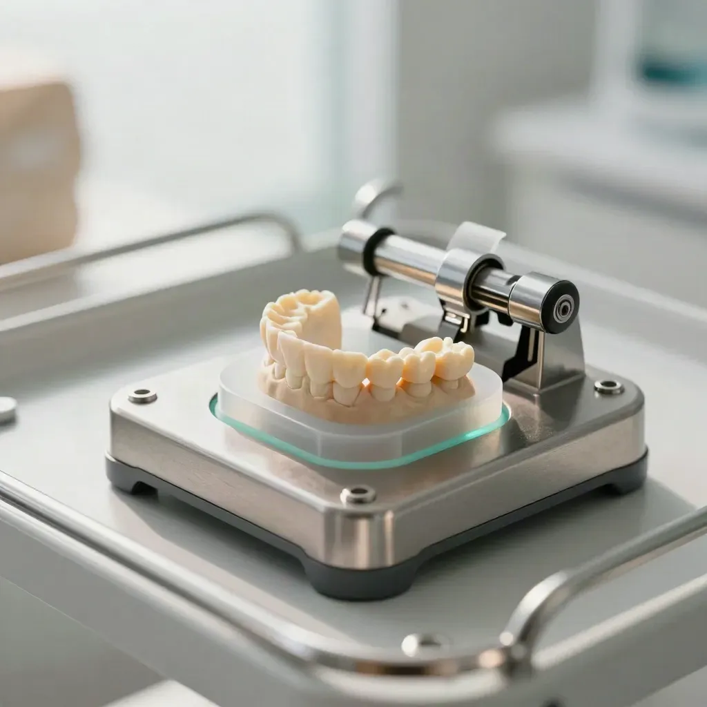Dental casts meet on a bite scanner cradle atop a metal cart in a bright clinic.
