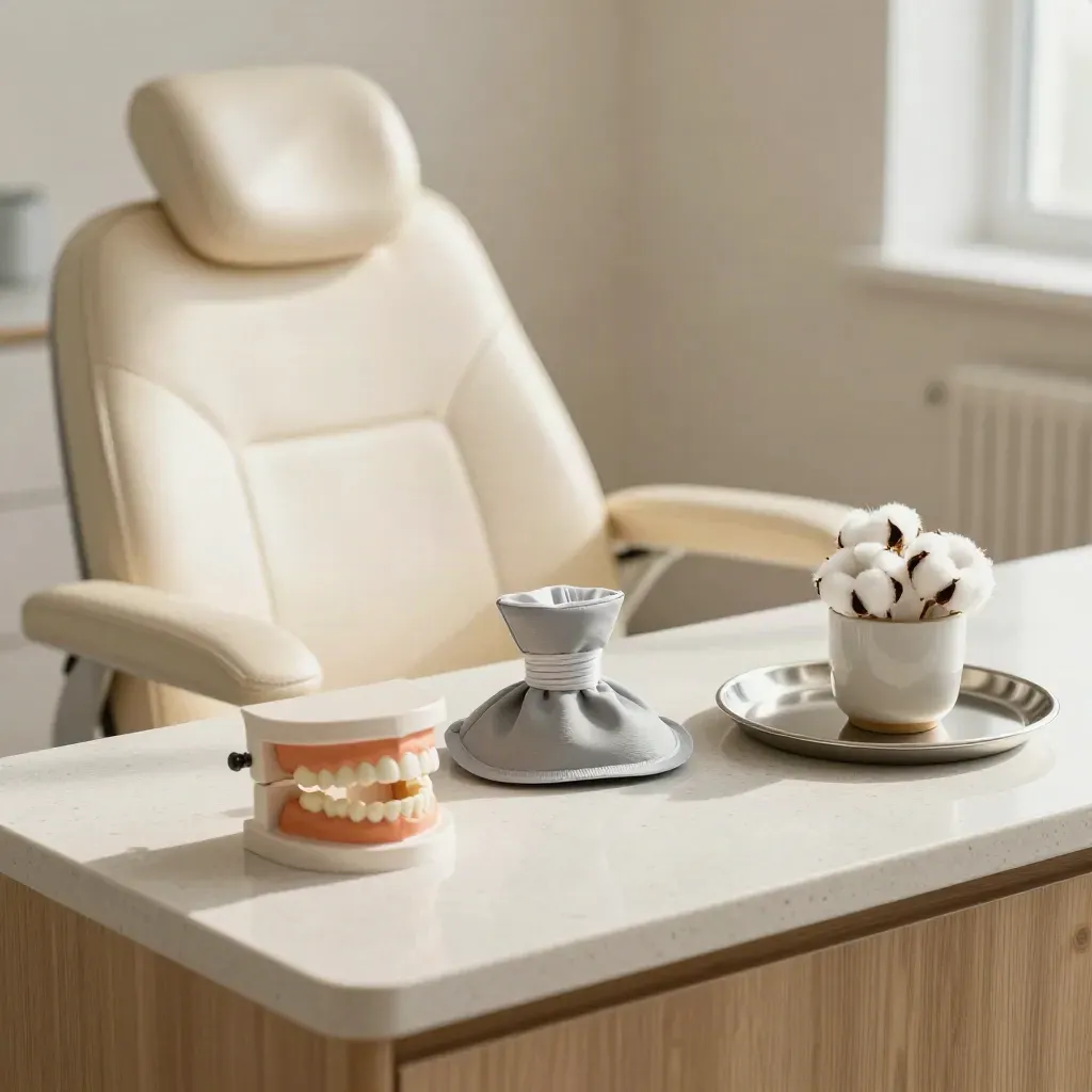 TMJ consult room vignette with jaw model, therapy pack, tray of cotton rolls, and exam chair