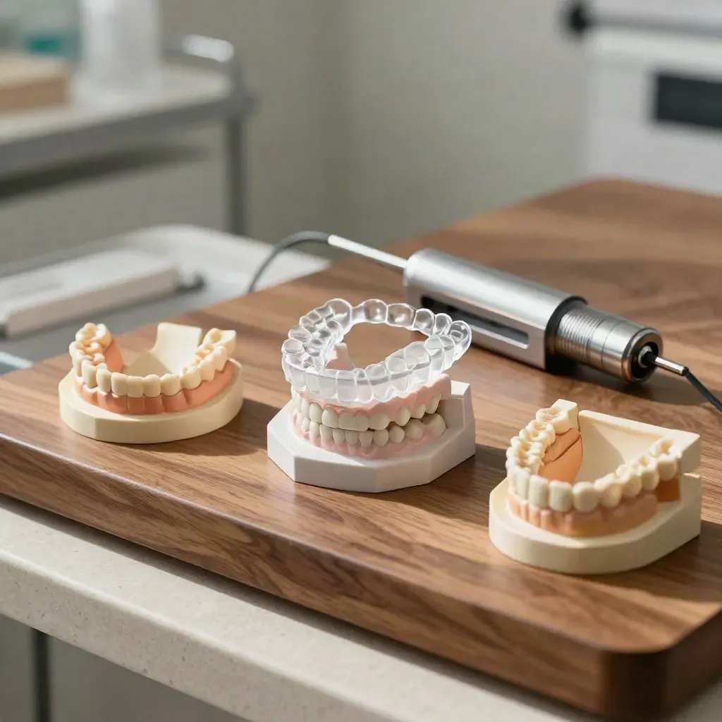Jaw models, clear aligners, and a docked scanner wand on a walnut clinical bench