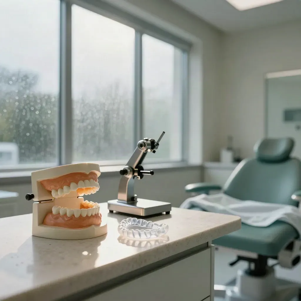 Luxury jaw clinic room with casts, aligner case, splint and jaw model in bright window light.