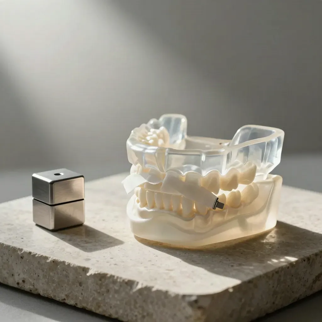 Jaw model, surgical splint, and implant box on stone in moody clinical light.