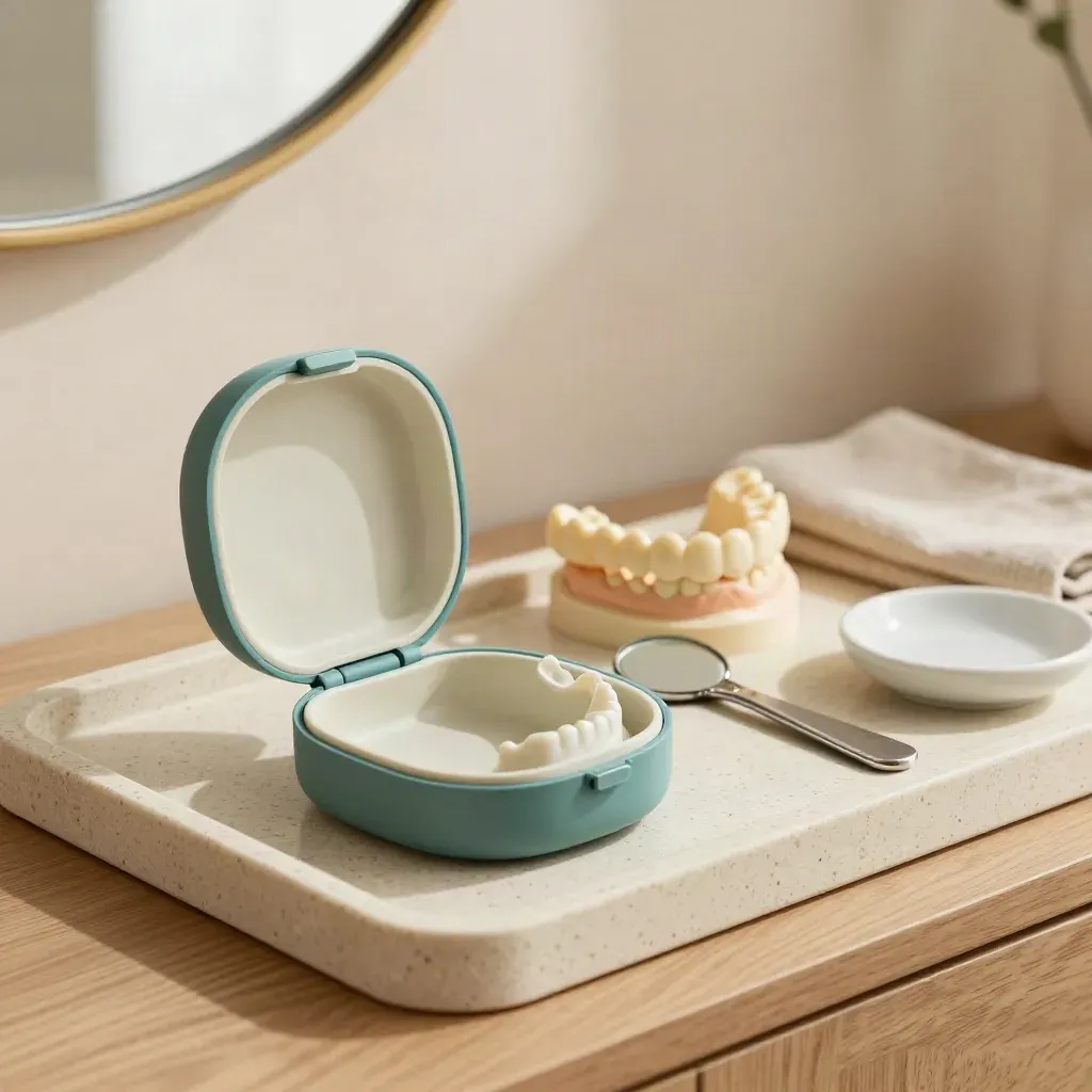 Teal retainer case beside a mirror and healed bite model on a travertine tray.