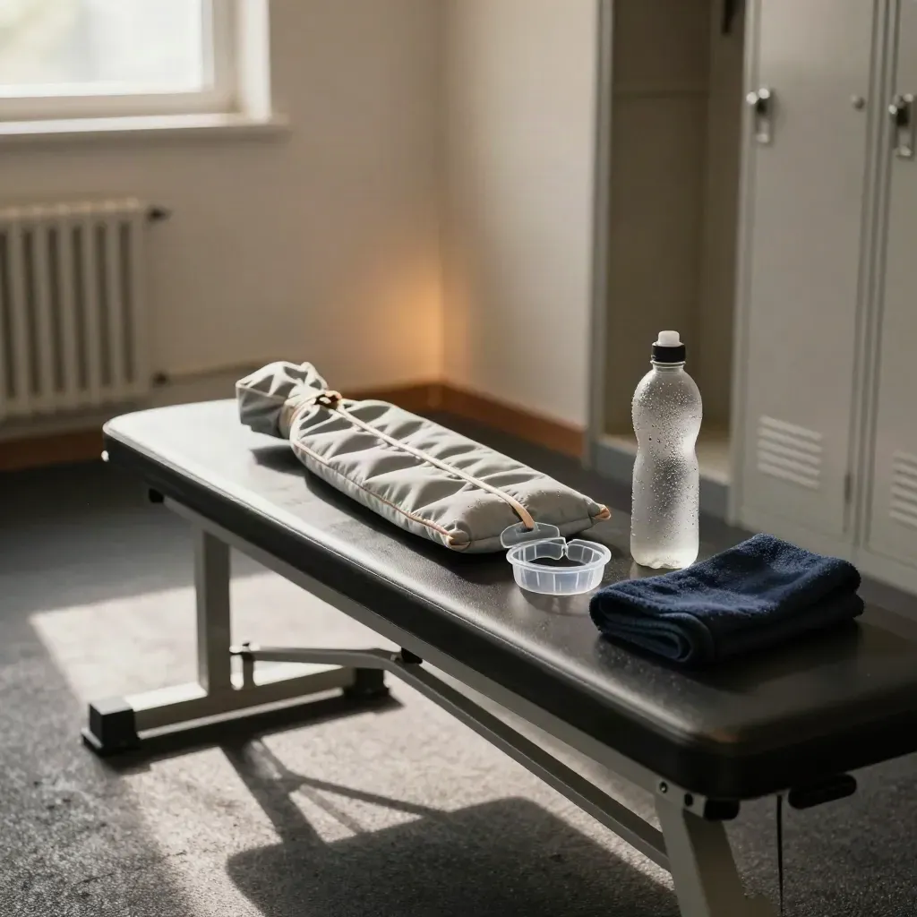 Empty recovery bench with ice pack, night guard case, and sports bottle in a quiet gym room.