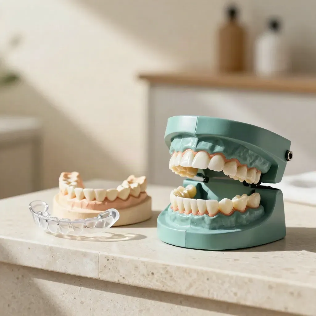 Bite casts and clear aligners arranged on a stone ledge in soft window light.