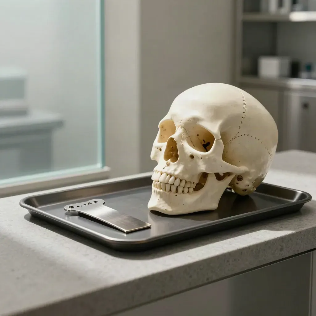Skull model, surgical guide, and titanium plate on a tray in a dim clinic room