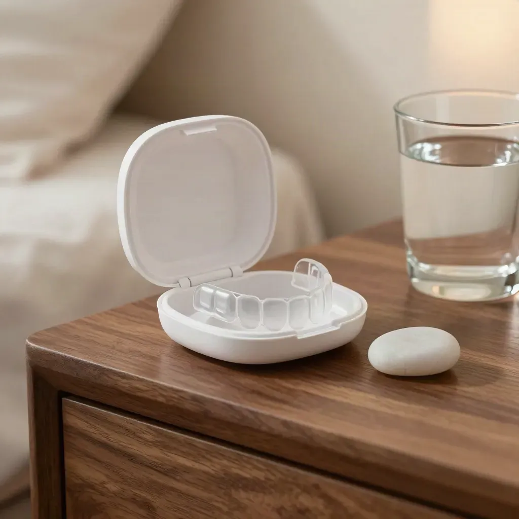 Open night guard case, smooth stone and water glass on a walnut nightstand, warm bedside glow.
