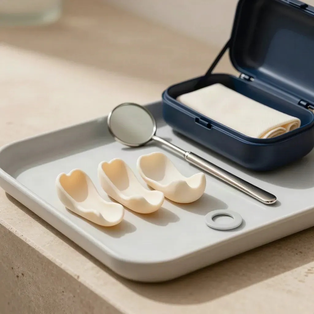 Open retainer case beside jaw casts and a mirror on a tray in soft clinic light