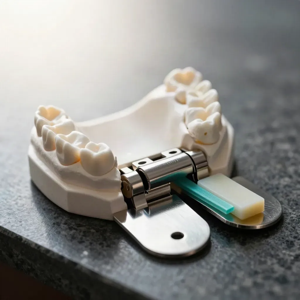Macro jaw specialist tools on dark stone with a sharp metal hinge and bite plates.