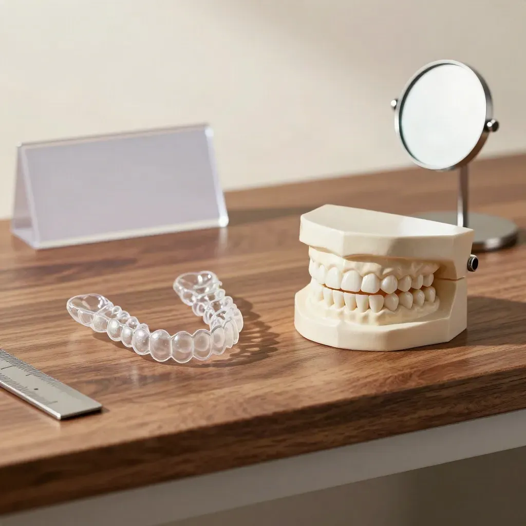 Clear aligners, orthodontic model, and mirrored tweezers on a walnut bench.