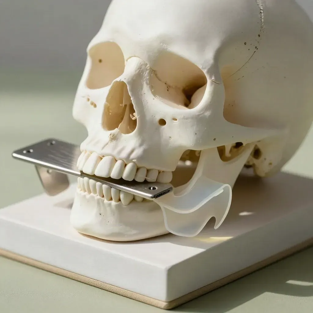Surgical skull model, titanium plate sample, and translucent guide on a pale plaster base.
