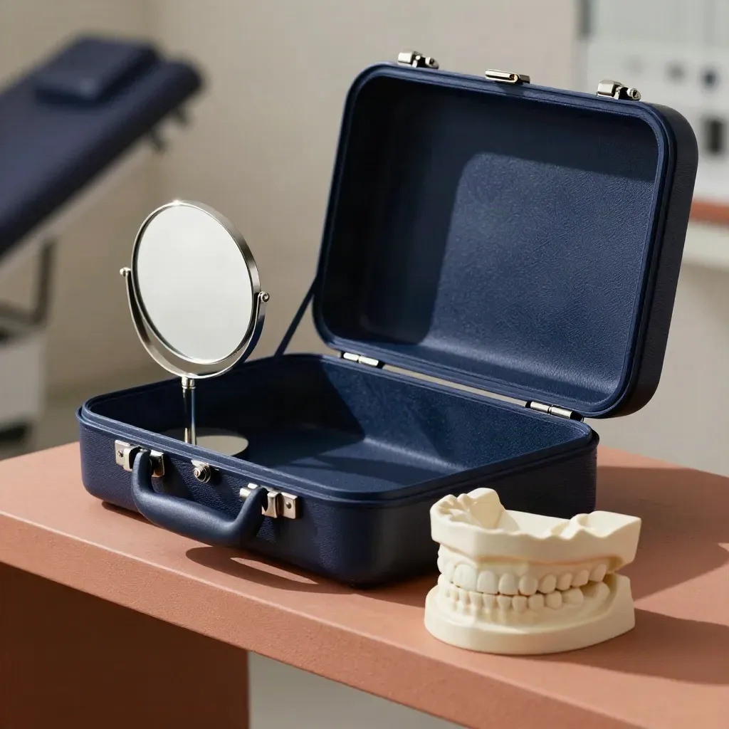 Retainer case, follow-up mirror, and jaw model on a terracotta clinic shelf