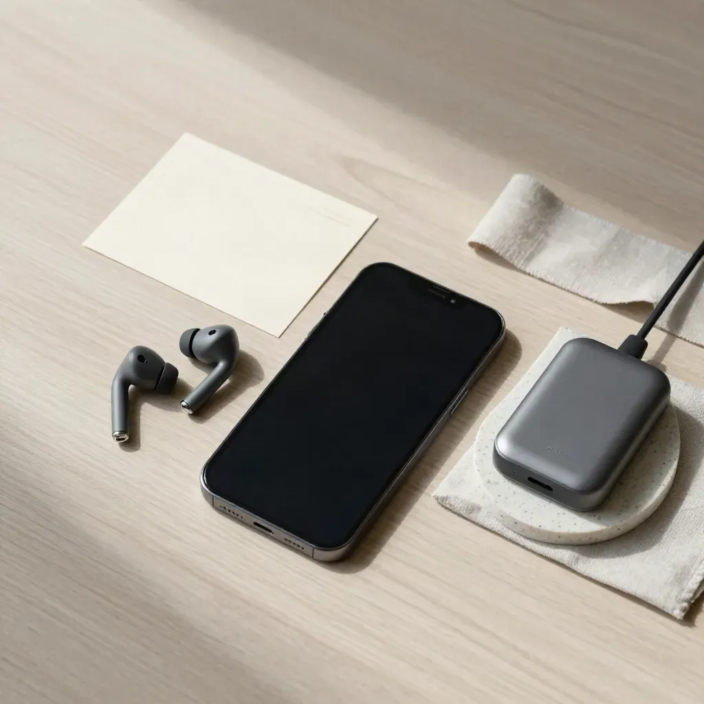Smartphone, earbuds and charger puck on pale wood with a small card behind