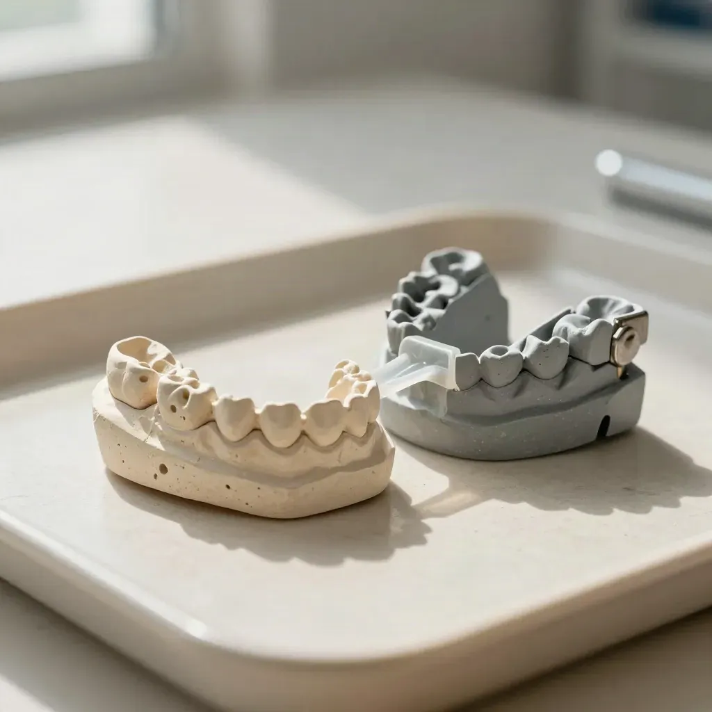 Plaster jaw casts, silicone bite registration, and articulator on a pale tray