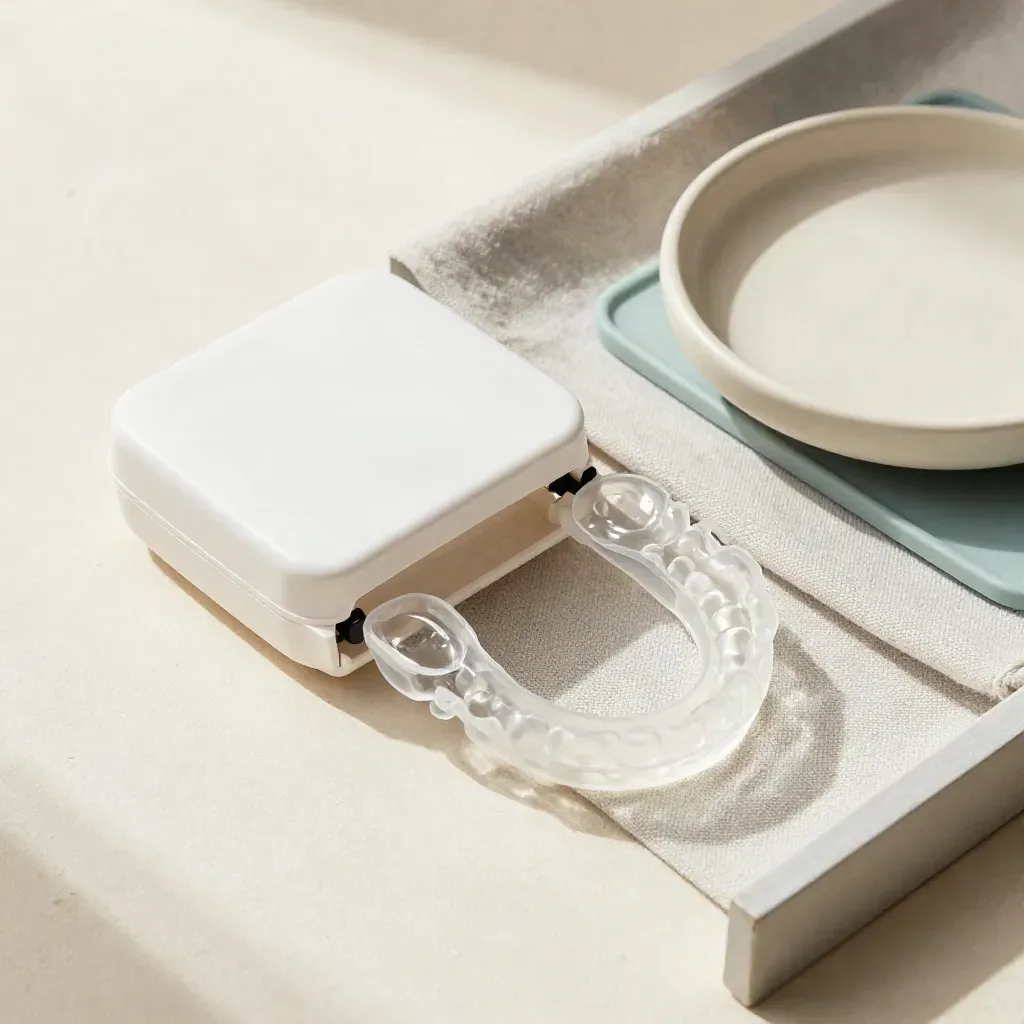 Top-down aligner case, stacked trays and ceramic dish on a linen tray.