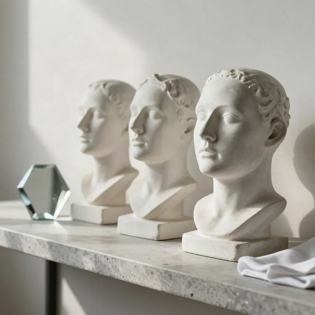 Three jaw models, mirror shard, and cloth on a shelf, lit softly in sequence.