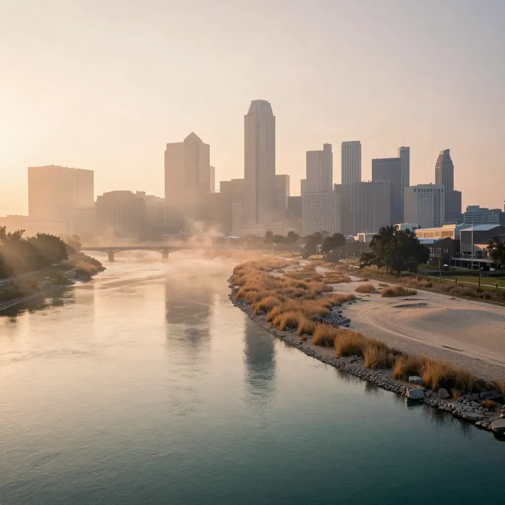 Dallas skyline glows through Trinity River haze above calm meadow at sunrise