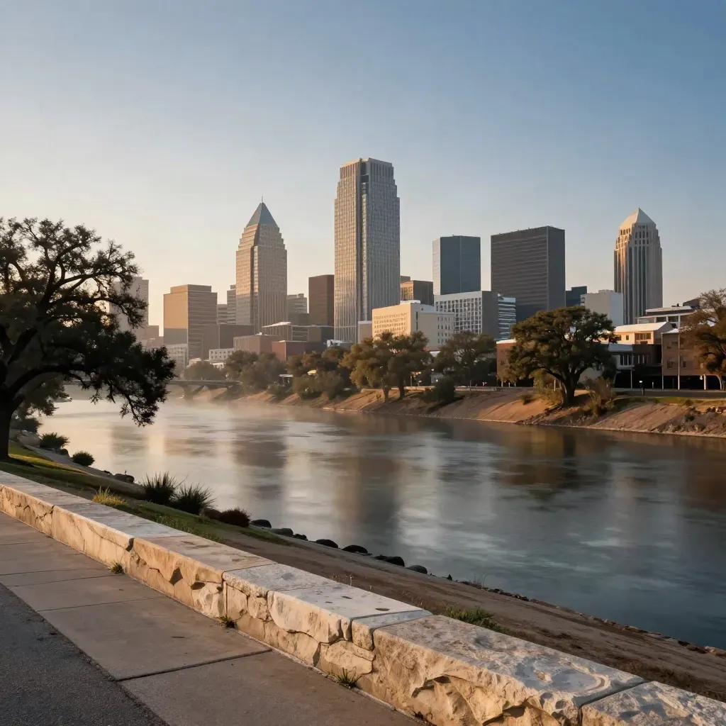 Fort Worth skyline over the Trinity River at blue hour with oak silhouettes and calm copy space