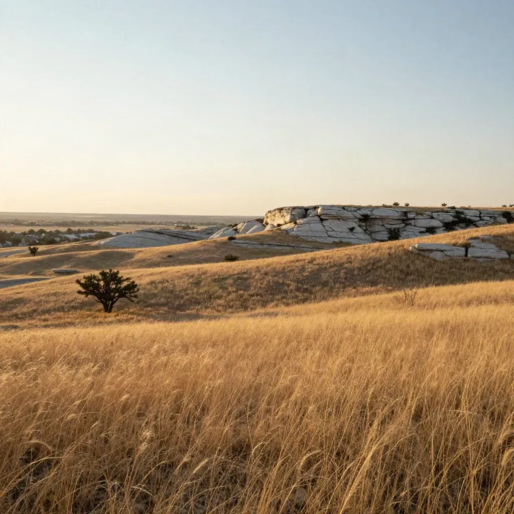 North Texas prairie ridges under a hazy golden sky, open foreground for copy