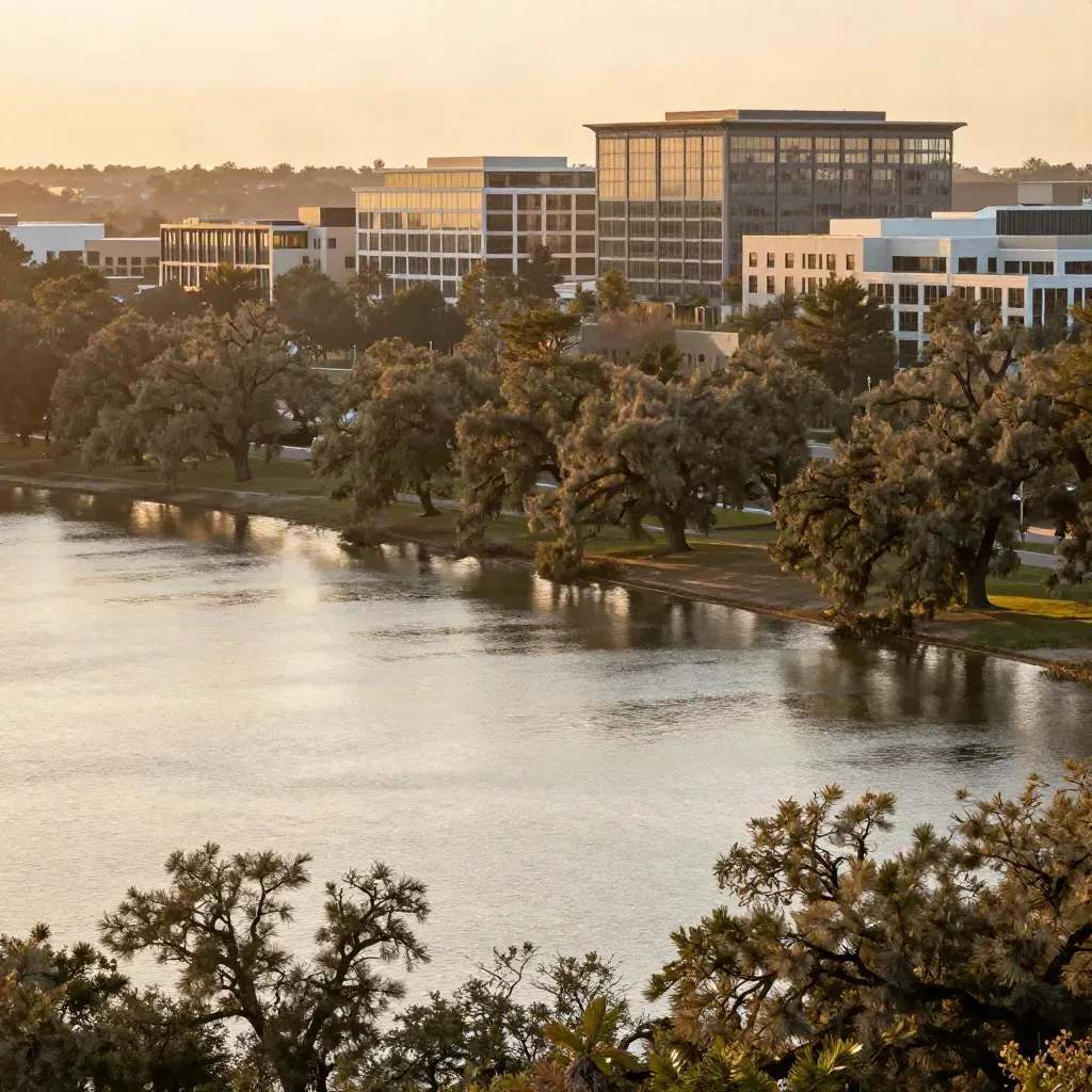 Golden-hour Collin County vista with water, treetops, and low-rise buildings