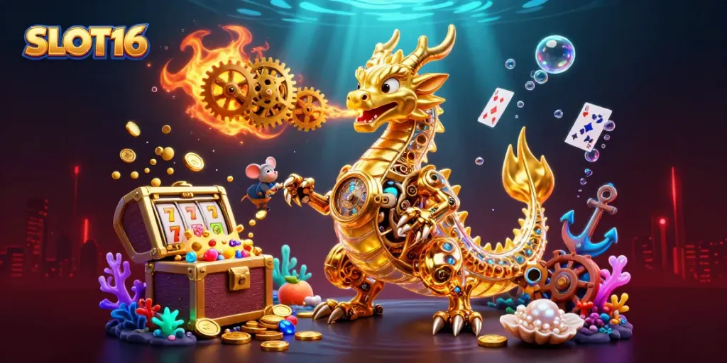 Engage with SLOT16 in this vibrant 3D illustrated casino world featuring golden treasures and vibrant game elements.