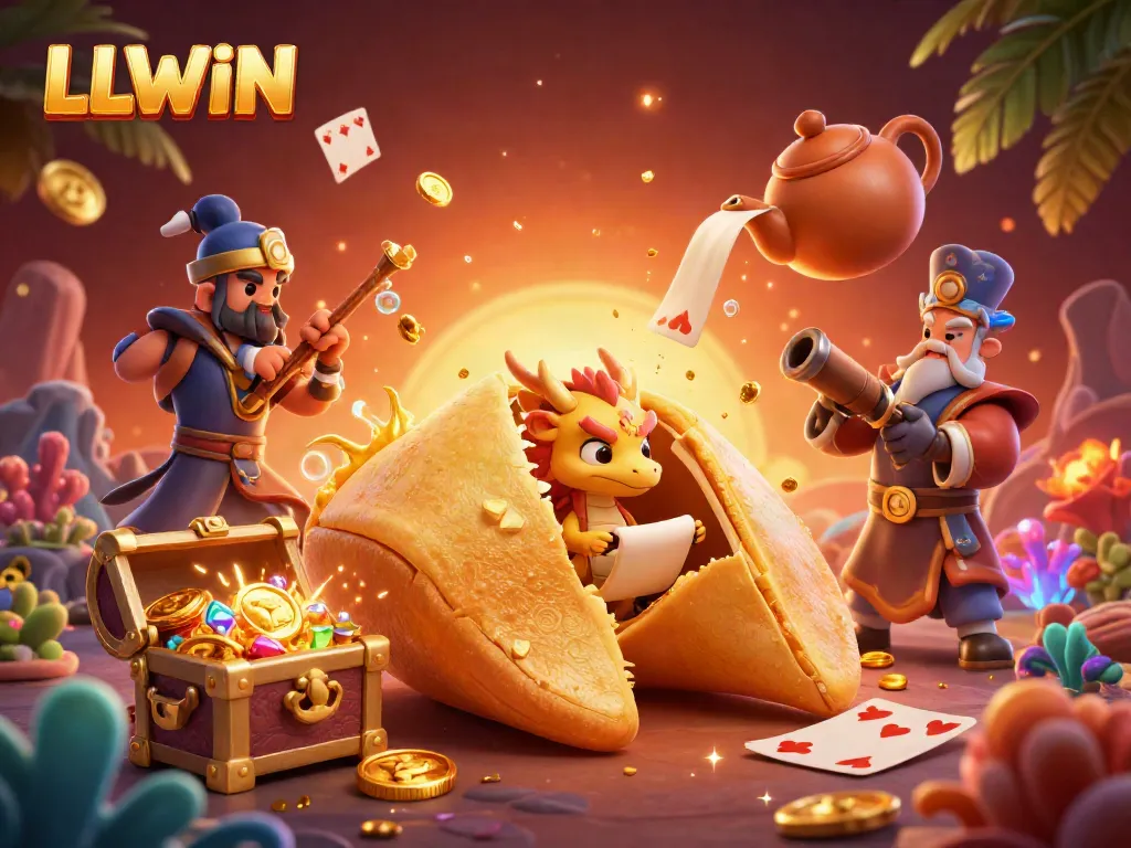 Experience thrilling gameplay at LLWIN with a vibrant, colorful 3D illustration of festive characters amidst casino treasures.