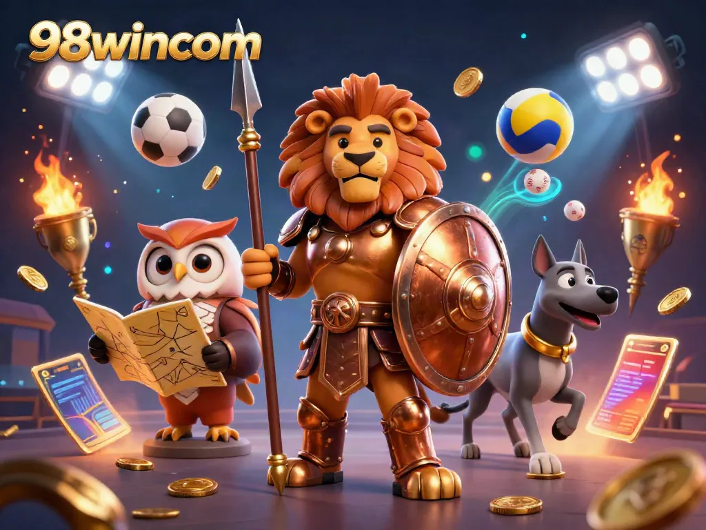 Experience thrilling wins at 98wincom's dynamic gaming world, featuring a Spartan lion and sports elements.