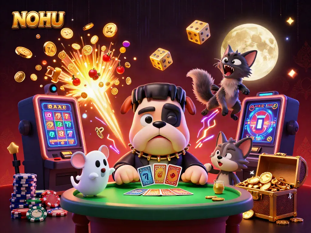 NOHU offers thrilling gameplay with unique characters and vibrant casino elements in this dynamic scene.