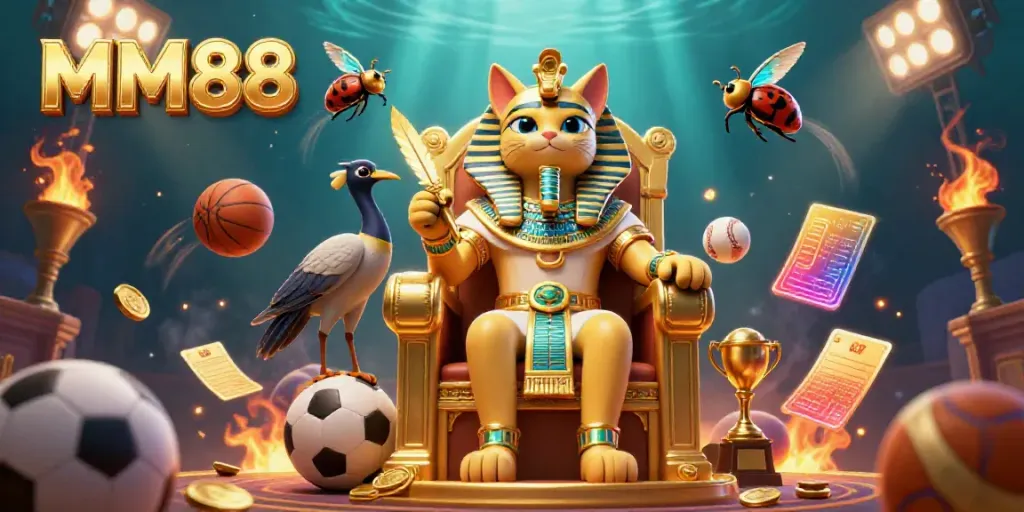 Engage in MM88 sports betting with vibrant casino elements featuring a royal pharaoh and ibis.