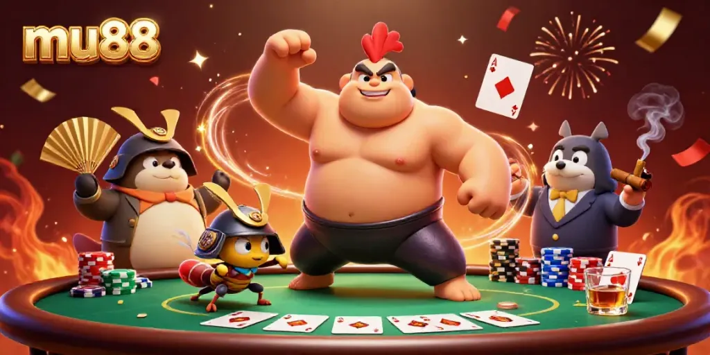 Experience thrilling gameplay at mu88 with a dynamic sumo wrestler, fierce cricket, and tanuki announcer.