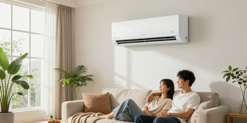 Stylish mini split ac unit cooling a cozy living room with natural light.