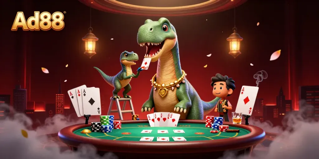 Ad88 casino scene with a giant brontosaurus and clever raptor dealing poker cards.