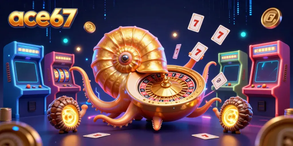 Experience excitement at ace67 with a vibrant 3D casino scene featuring a golden roulette shell and glowing game machines.