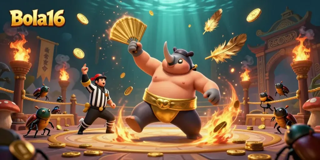 Bola16 features a dynamic cartoon scene with a beetle champion and gold coins, capturing the excitement of sports betting.