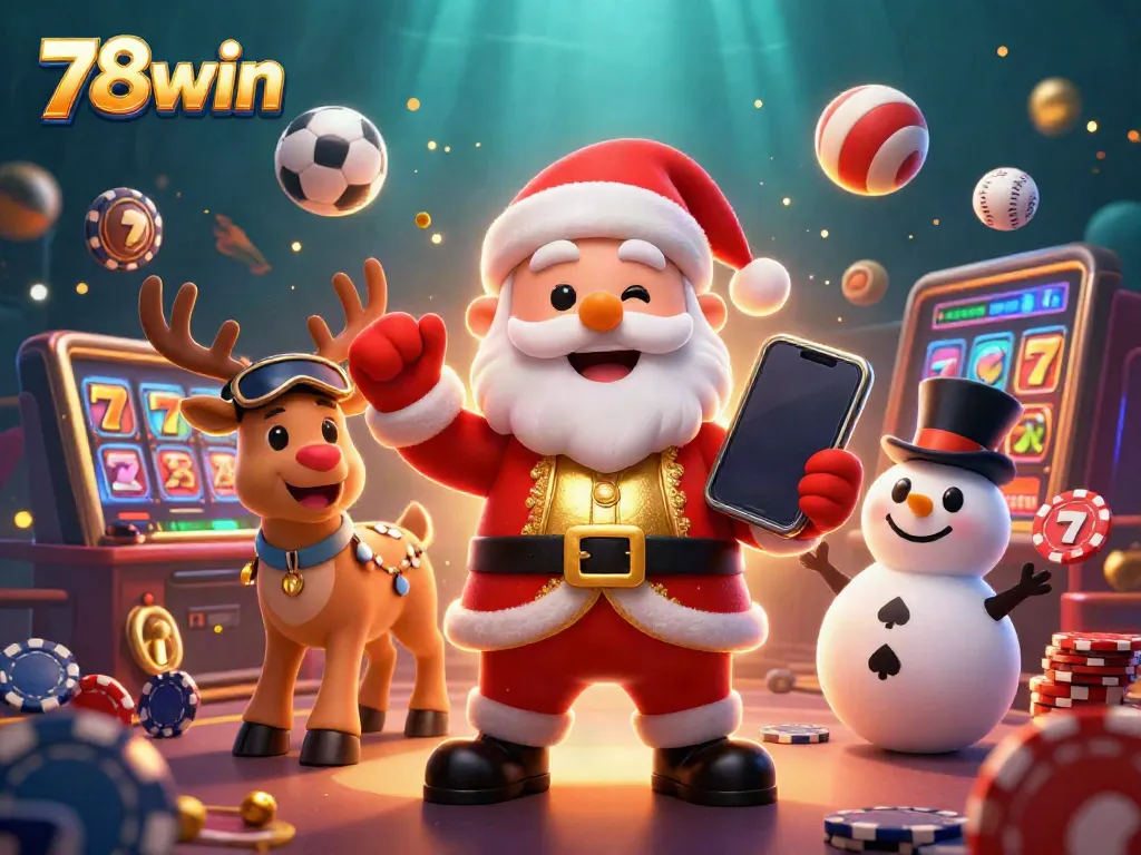 Experience the excitement of 78win as Santa Claus and friends celebrate with slot reels and festive elements.