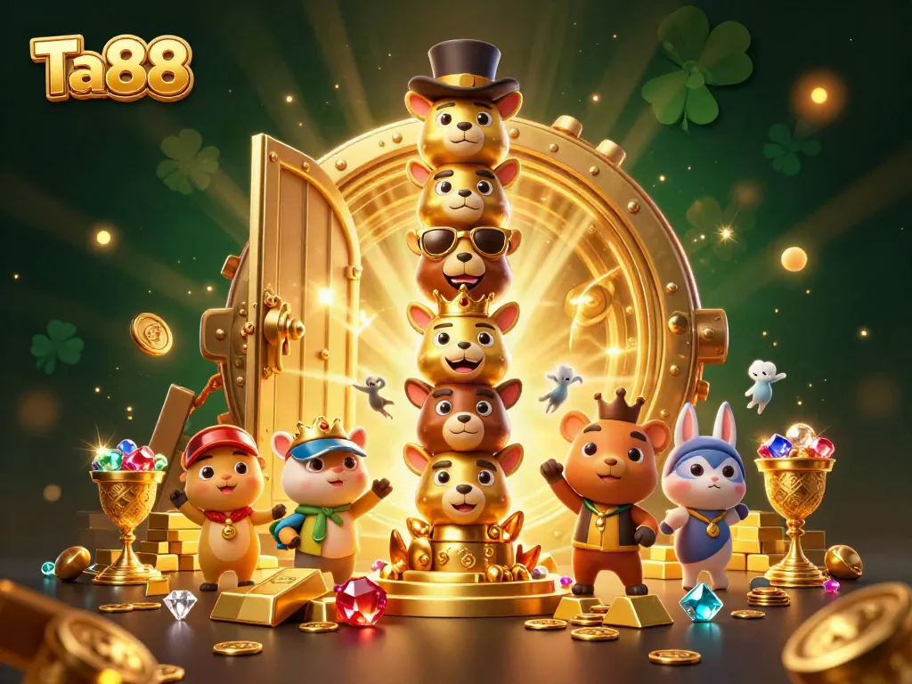Experience excitement with Ta88 – a vibrant casino-themed illustration showcasing dynamic characters and wealth.