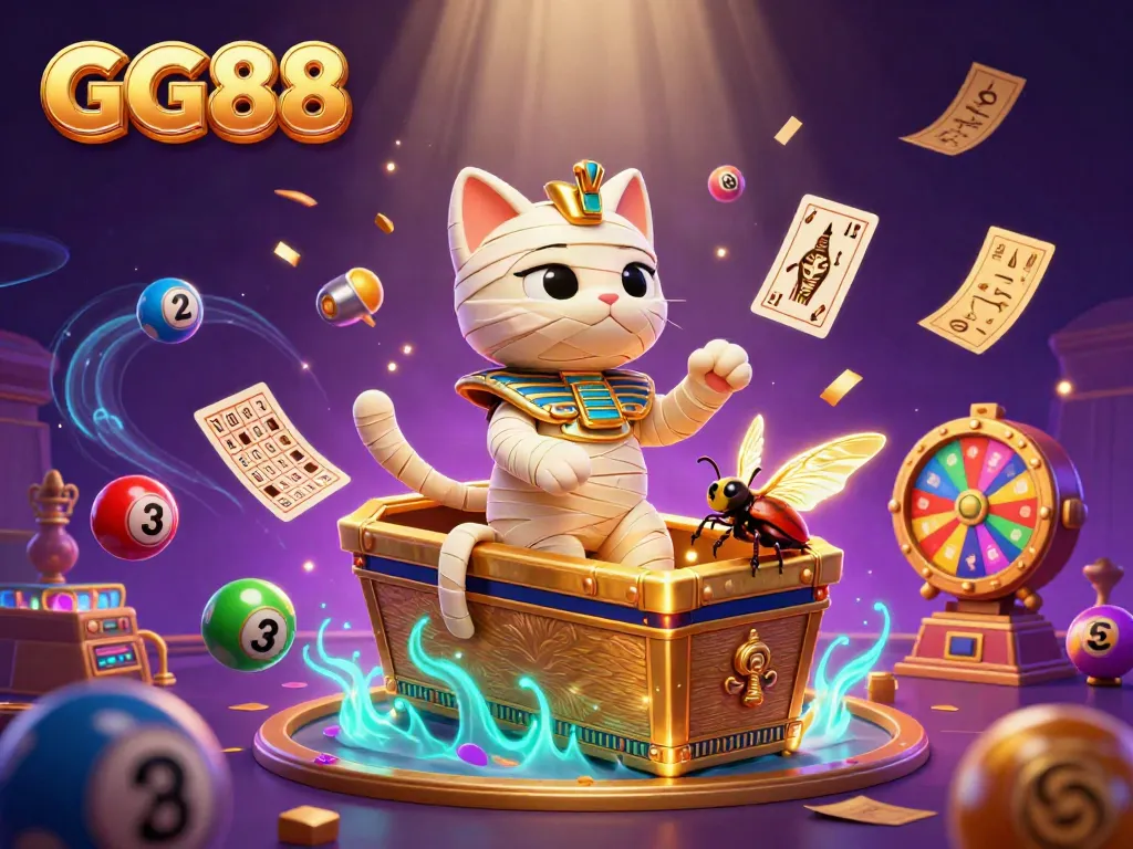 Experience thrilling games at GG88 with an Egyptian mummy cat and a scarab beetle amidst rich casino elements.