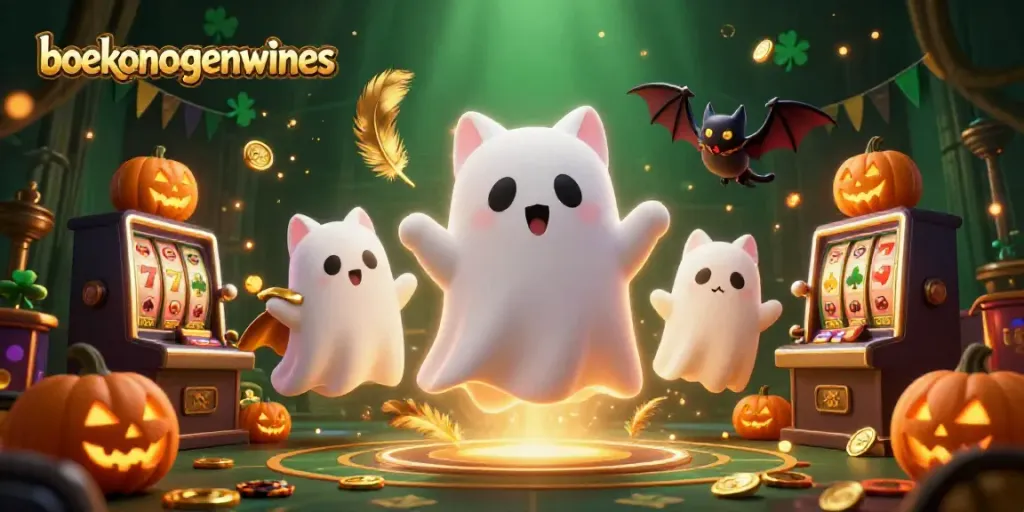 Engaging casino scene featuring boekenoogenwines with a ghost cat and bat amidst spinning slot machines.
