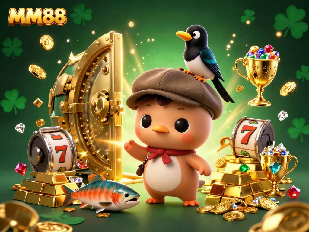 Engage in thrilling MM88 gaming with a vibrant scene of Nessie and friends amidst sparkling treasures.