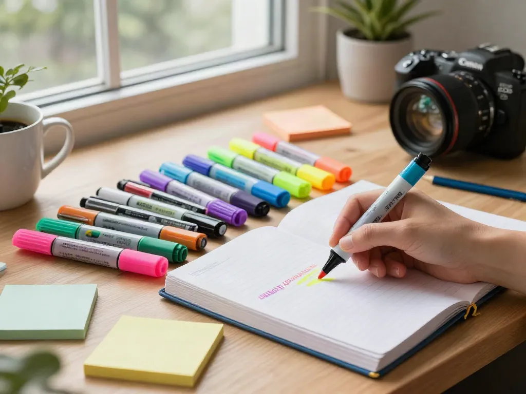 Highlighter manufacturer showcasing vibrant highlighter pens marking an open notebook.