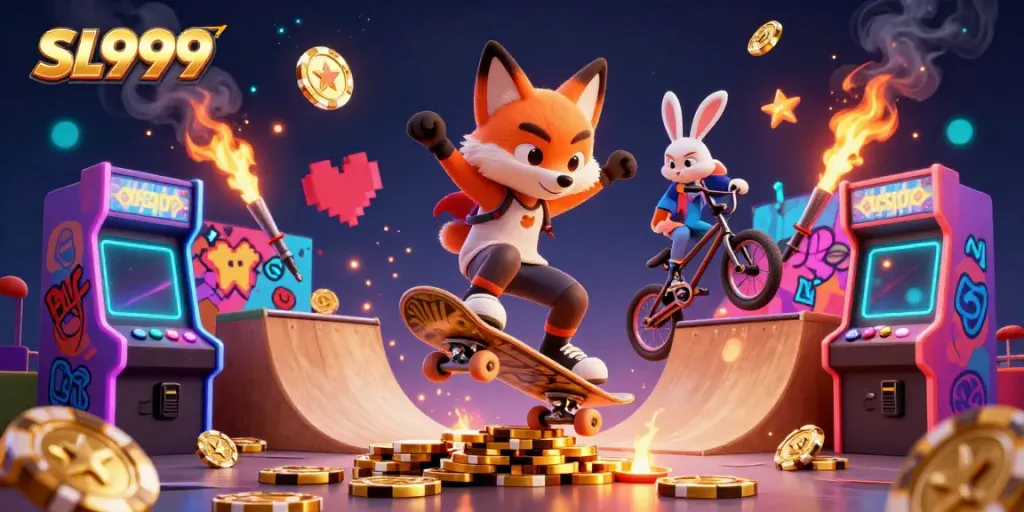 Experience epic gaming action with SL999 featuring dynamic characters and colorful casino elements.