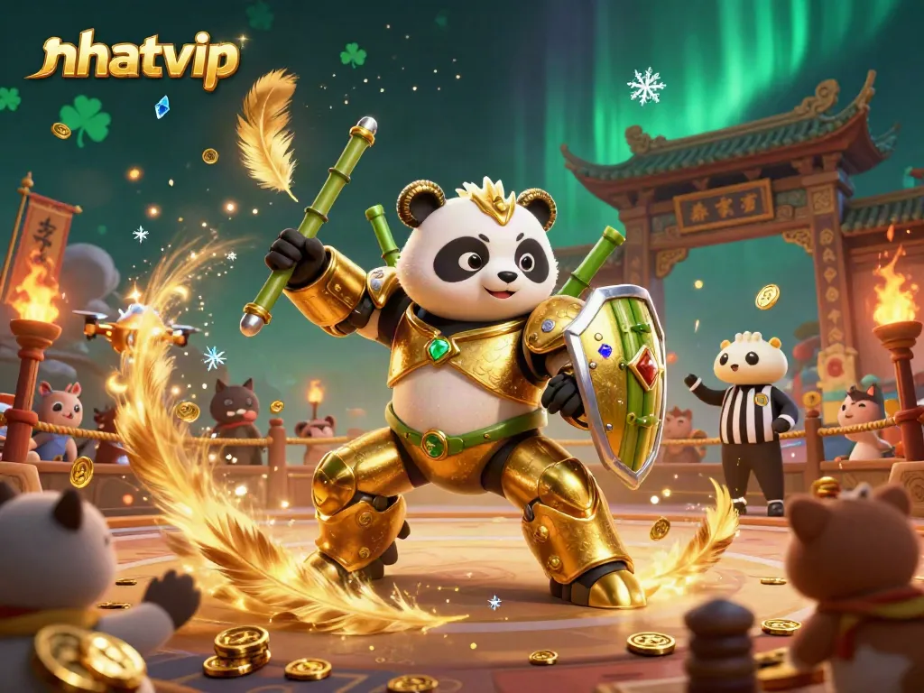 Nhatvip brings a vibrant 3D casino scene with a mech-suit panda generating excitement.